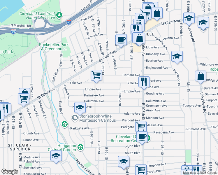 map of restaurants, bars, coffee shops, grocery stores, and more near 9601 Yale Avenue in Cleveland