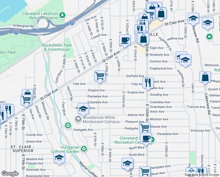map of restaurants, bars, coffee shops, grocery stores, and more near 9601 Yale Avenue in Cleveland