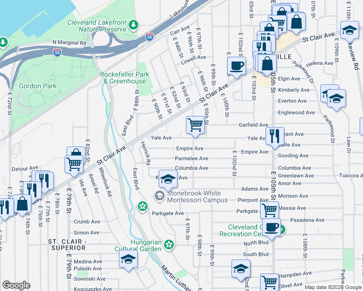 map of restaurants, bars, coffee shops, grocery stores, and more near 9116 Yale Avenue in Cleveland