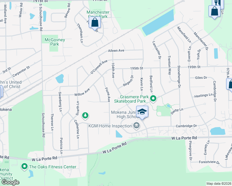 map of restaurants, bars, coffee shops, grocery stores, and more near 19550 Kirkstone Way in Mokena