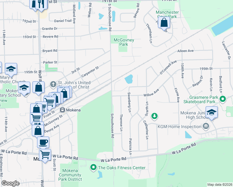 map of restaurants, bars, coffee shops, grocery stores, and more near 10741 Green Meadows Drive in Mokena