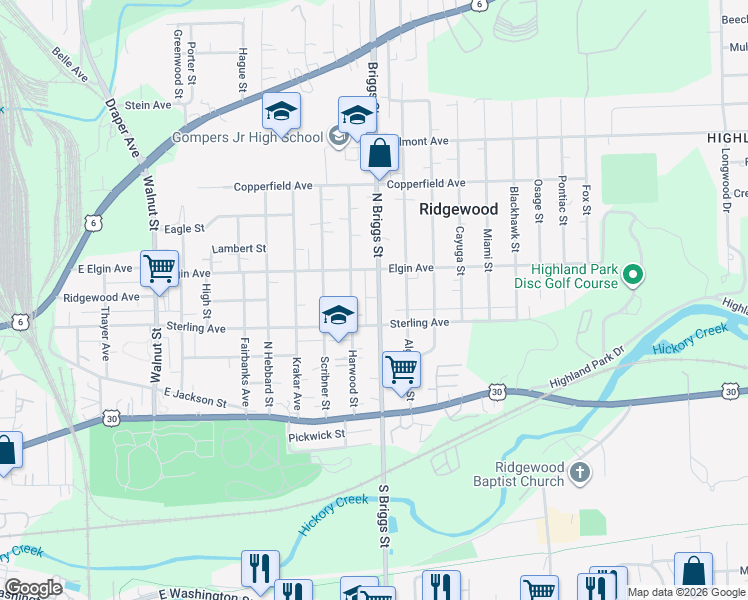 map of restaurants, bars, coffee shops, grocery stores, and more near 413 North Briggs Street in Joliet