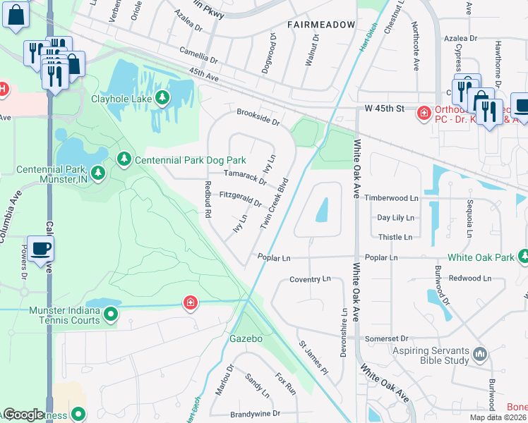 map of restaurants, bars, coffee shops, grocery stores, and more near 1329 Fitzgerald Dr in Munster
