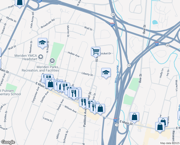 map of restaurants, bars, coffee shops, grocery stores, and more near 654 Liberty Street in Meriden