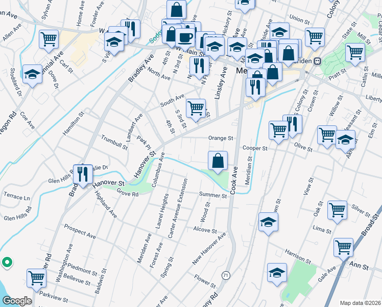 map of restaurants, bars, coffee shops, grocery stores, and more near 31 Carter Avenue in Meriden