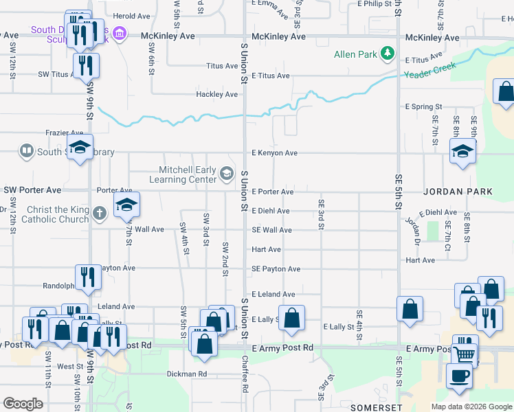 map of restaurants, bars, coffee shops, grocery stores, and more near 18 East Wall Avenue in Des Moines