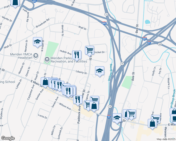 map of restaurants, bars, coffee shops, grocery stores, and more near 166 Gravel Street in Meriden