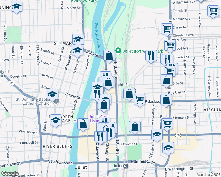 map of restaurants, bars, coffee shops, grocery stores, and more near 500N North Chicago Street in Joliet