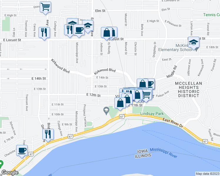 map of restaurants, bars, coffee shops, grocery stores, and more near 1905 East 13th Street in Davenport