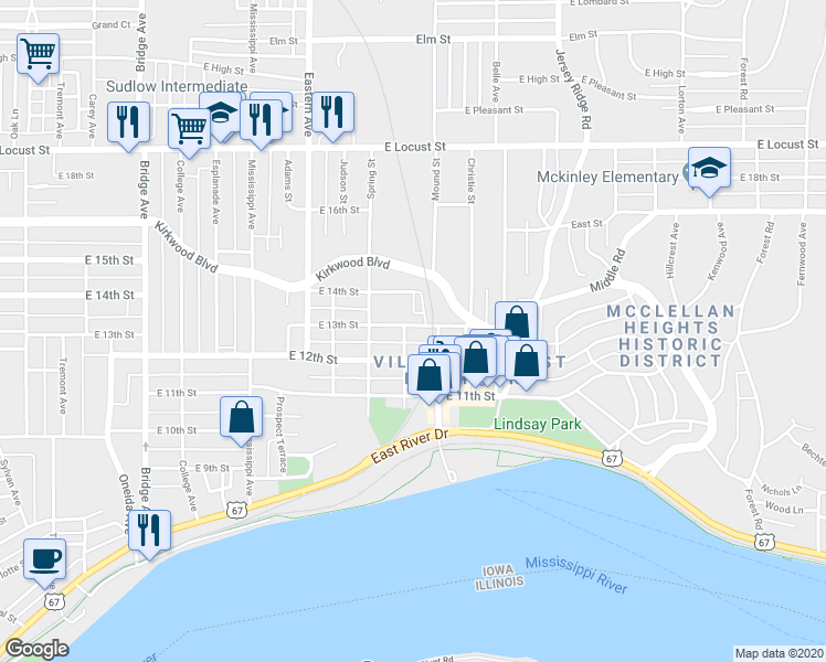 map of restaurants, bars, coffee shops, grocery stores, and more near 2009 East 13th Street in Davenport