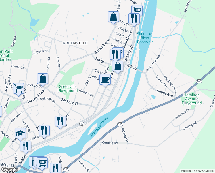 map of restaurants, bars, coffee shops, grocery stores, and more near 143 Prospect Street in Norwich