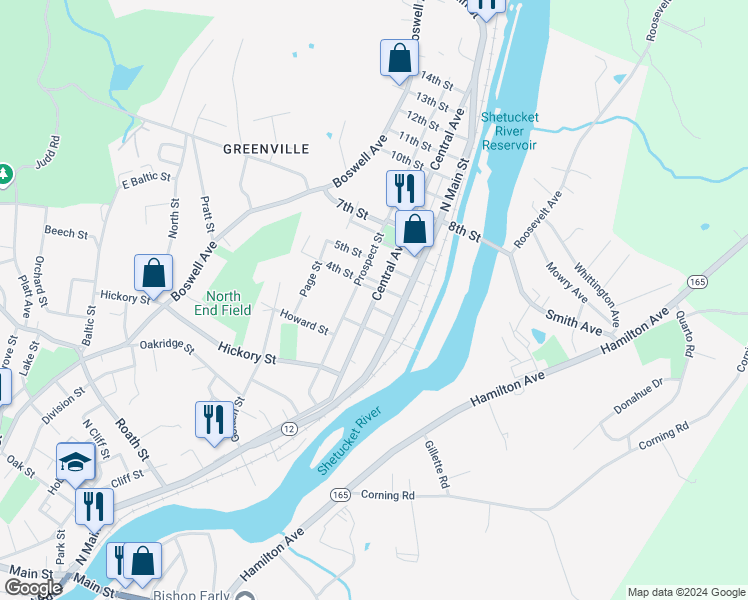 map of restaurants, bars, coffee shops, grocery stores, and more near 143 Prospect Street in Norwich
