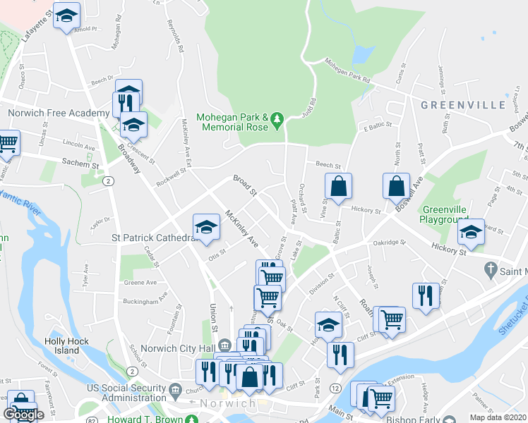 map of restaurants, bars, coffee shops, grocery stores, and more near 162 Broad Street in Norwich
