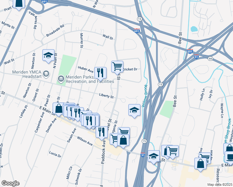 map of restaurants, bars, coffee shops, grocery stores, and more near in Meriden