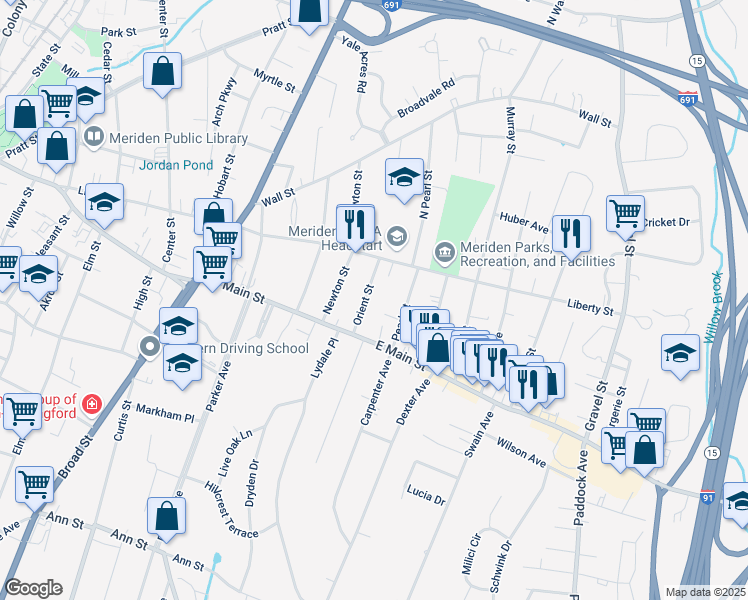 map of restaurants, bars, coffee shops, grocery stores, and more near 61 Orient Street in Meriden