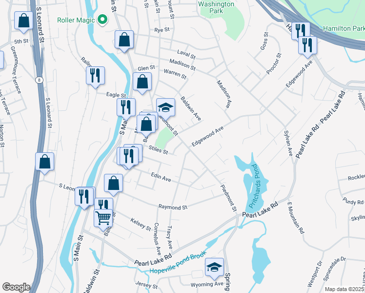 map of restaurants, bars, coffee shops, grocery stores, and more near 268 Piedmont Street in Waterbury