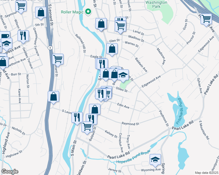 map of restaurants, bars, coffee shops, grocery stores, and more near 1426 Baldwin Street in Waterbury