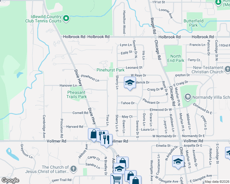 map of restaurants, bars, coffee shops, grocery stores, and more near 1547 Tina Lane in Flossmoor