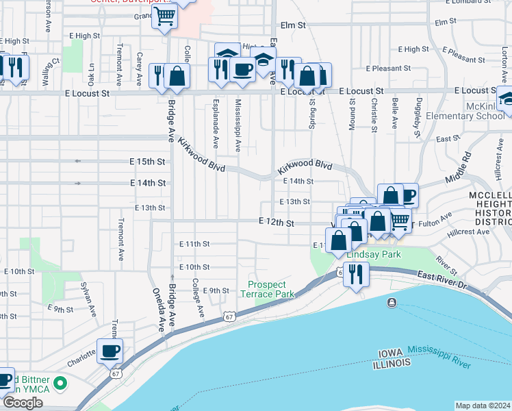 map of restaurants, bars, coffee shops, grocery stores, and more near 1314 Eastern Avenue in Davenport