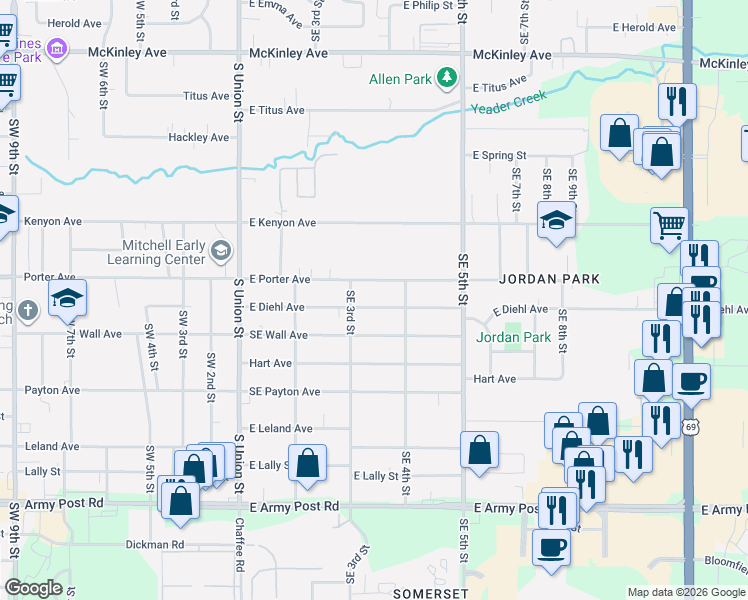 map of restaurants, bars, coffee shops, grocery stores, and more near 317 East Porter Avenue in Des Moines
