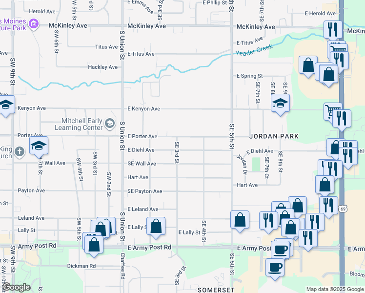 map of restaurants, bars, coffee shops, grocery stores, and more near 317 East Porter Avenue in Des Moines