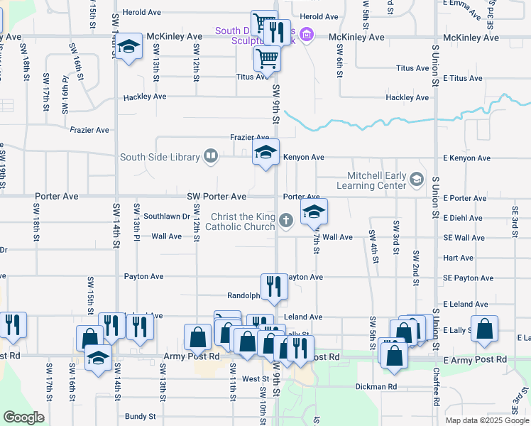 map of restaurants, bars, coffee shops, grocery stores, and more near 5608 Southwest 9th Street in Des Moines