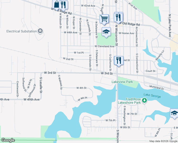 map of restaurants, bars, coffee shops, grocery stores, and more near 266 South Colorado Street in Hobart
