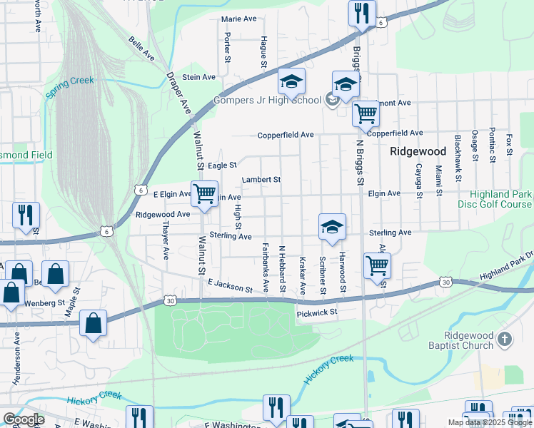map of restaurants, bars, coffee shops, grocery stores, and more near 1356 Elgin Avenue in Joliet