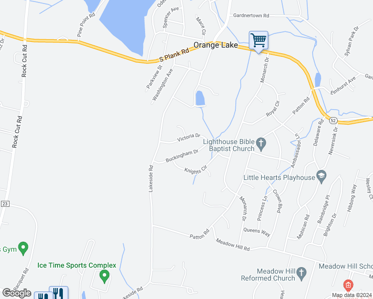 map of restaurants, bars, coffee shops, grocery stores, and more near 17 Buckingham Drive in Newburgh