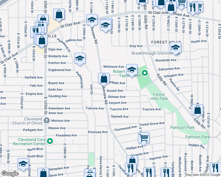map of restaurants, bars, coffee shops, grocery stores, and more near 11410 Temblett Avenue in Cleveland
