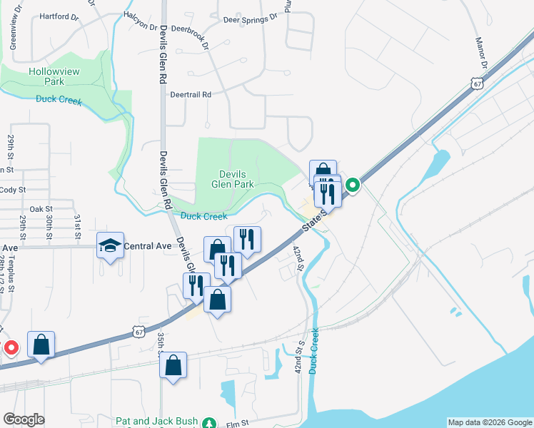 map of restaurants, bars, coffee shops, grocery stores, and more near Duck Creek Trail Parkway in Bettendorf