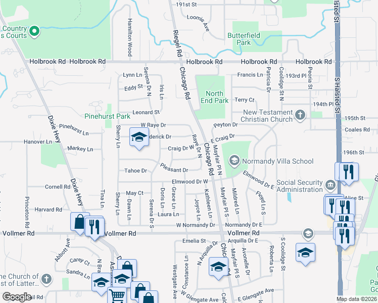map of restaurants, bars, coffee shops, grocery stores, and more near 147 Craig Drive West in Chicago Heights