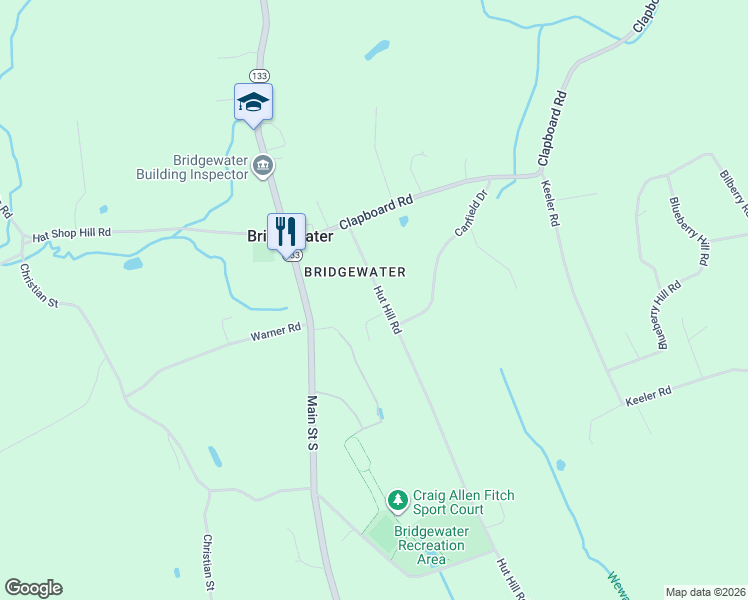 map of restaurants, bars, coffee shops, grocery stores, and more near 35 Hut Hill Road in Bridgewater