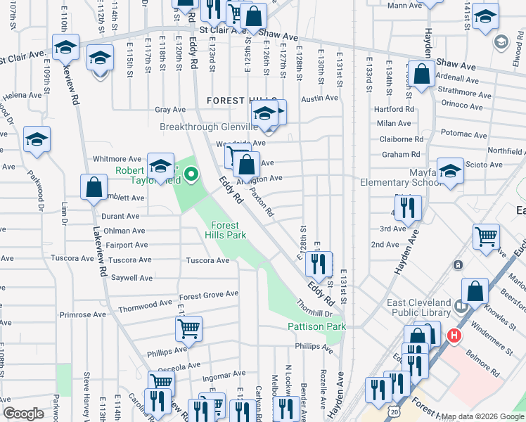 map of restaurants, bars, coffee shops, grocery stores, and more near 878 Paxton Road in Cleveland