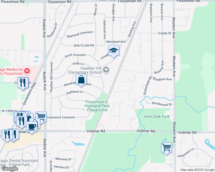 map of restaurants, bars, coffee shops, grocery stores, and more near 2810 School Street in Flossmoor