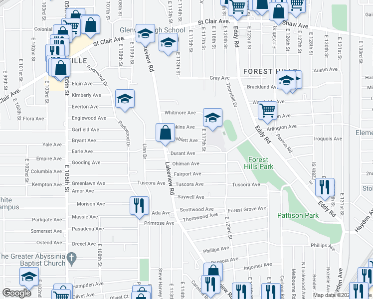 map of restaurants, bars, coffee shops, grocery stores, and more near 11419 Durant Avenue in Cleveland