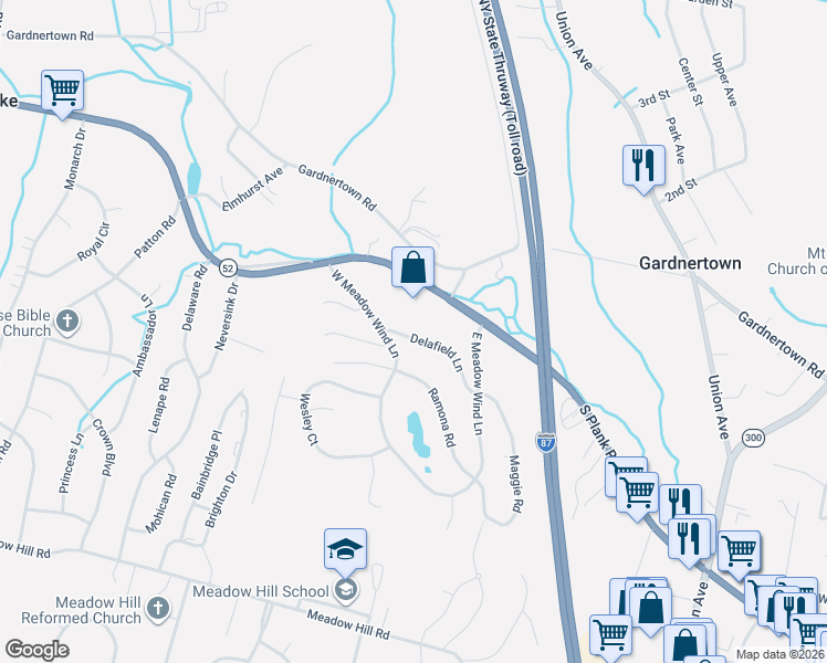map of restaurants, bars, coffee shops, grocery stores, and more near 309 South Plank Road in Newburgh