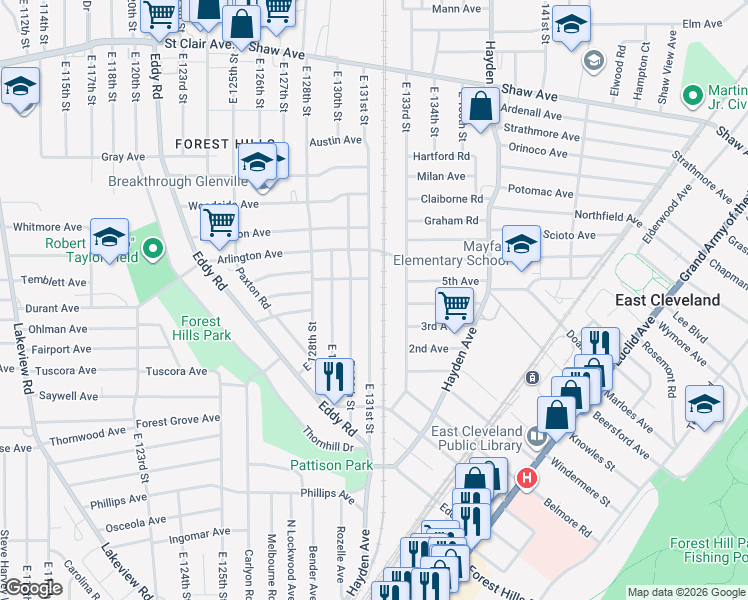 map of restaurants, bars, coffee shops, grocery stores, and more near 1652 East 133rd Street in East Cleveland
