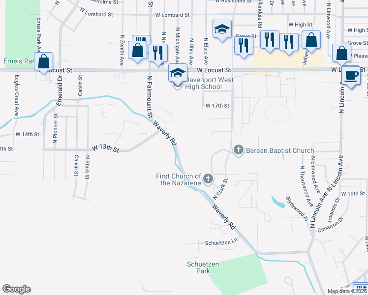 map of restaurants, bars, coffee shops, grocery stores, and more near 1101 Waverly Road in Davenport