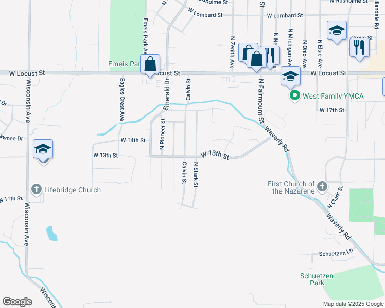 map of restaurants, bars, coffee shops, grocery stores, and more near 1315 Calvin Street in Davenport