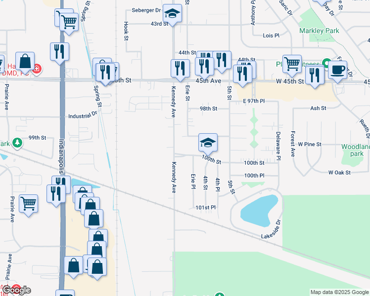 map of restaurants, bars, coffee shops, grocery stores, and more near 2822 99th Street in Highland
