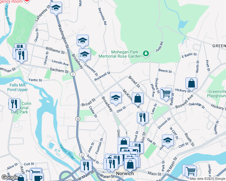 map of restaurants, bars, coffee shops, grocery stores, and more near 60 Broad Street in Norwich