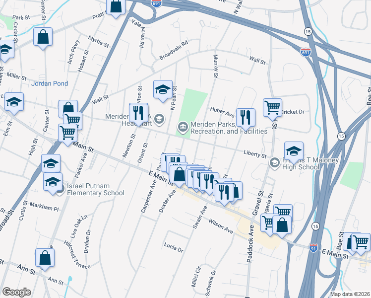 map of restaurants, bars, coffee shops, grocery stores, and more near 479 Liberty Street in Meriden
