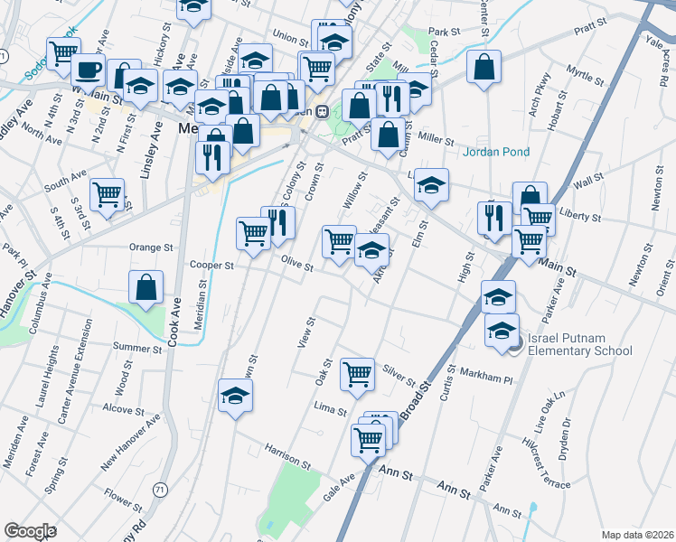 map of restaurants, bars, coffee shops, grocery stores, and more near 132 Willow Street in Meriden