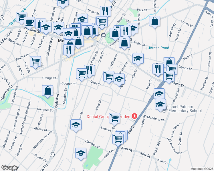 map of restaurants, bars, coffee shops, grocery stores, and more near 132 Willow Street in Meriden