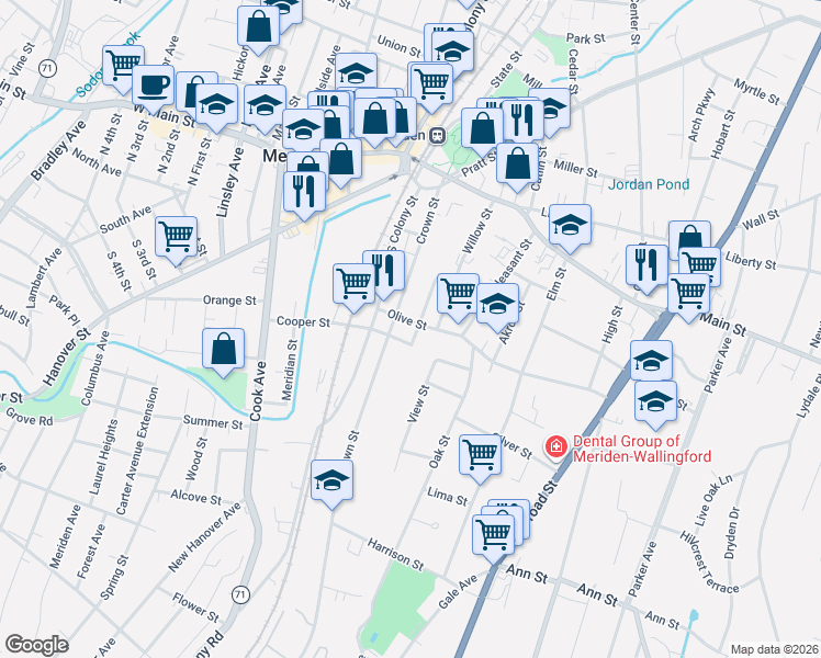 map of restaurants, bars, coffee shops, grocery stores, and more near 30 Olive Street in Meriden