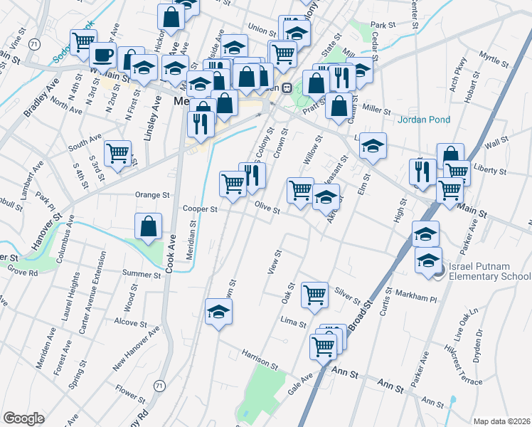 map of restaurants, bars, coffee shops, grocery stores, and more near 30 Olive Street in Meriden