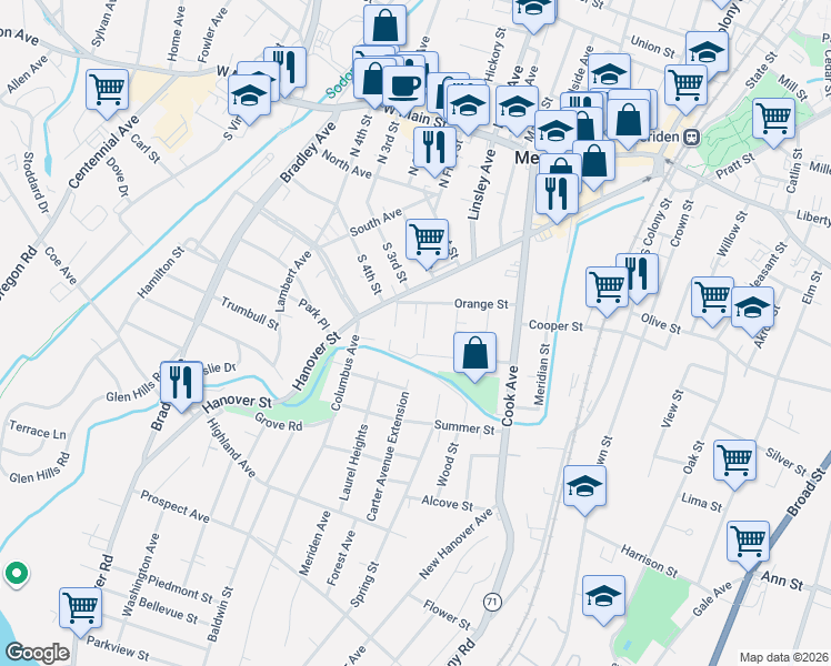 map of restaurants, bars, coffee shops, grocery stores, and more near 12 Carter Avenue in Meriden