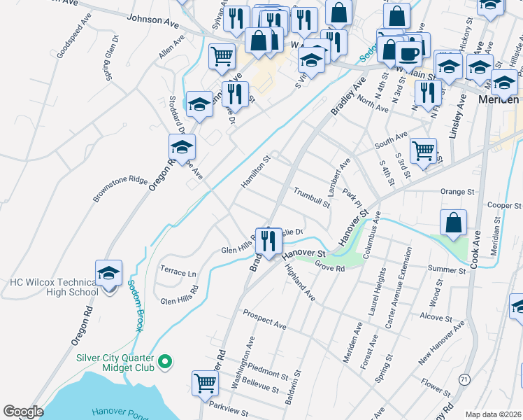 map of restaurants, bars, coffee shops, grocery stores, and more near 162 Buckingham Street in Meriden