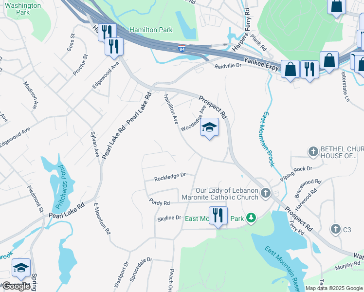 map of restaurants, bars, coffee shops, grocery stores, and more near 1205 Hamilton Avenue in Waterbury